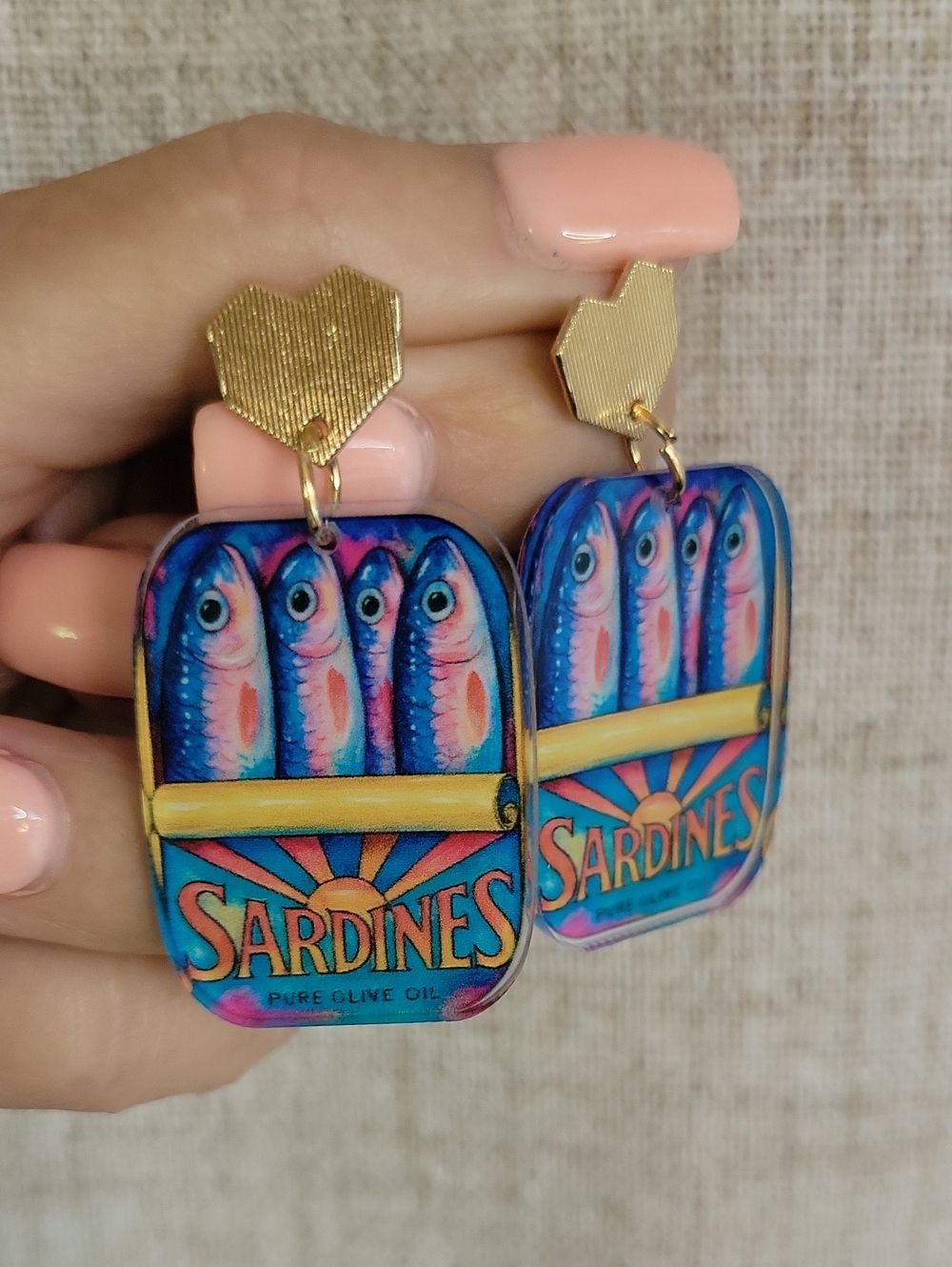 Sardines Tin Blue Pink Acrylic Fish Tin Earrings